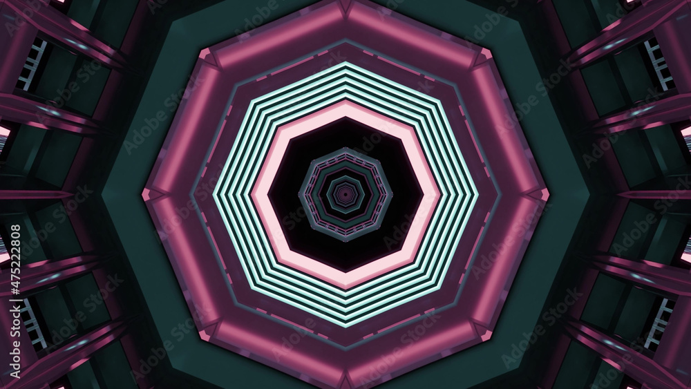 Poster 3d rendering of futuristic kaleidoscopic patterns background in pink and green colors
