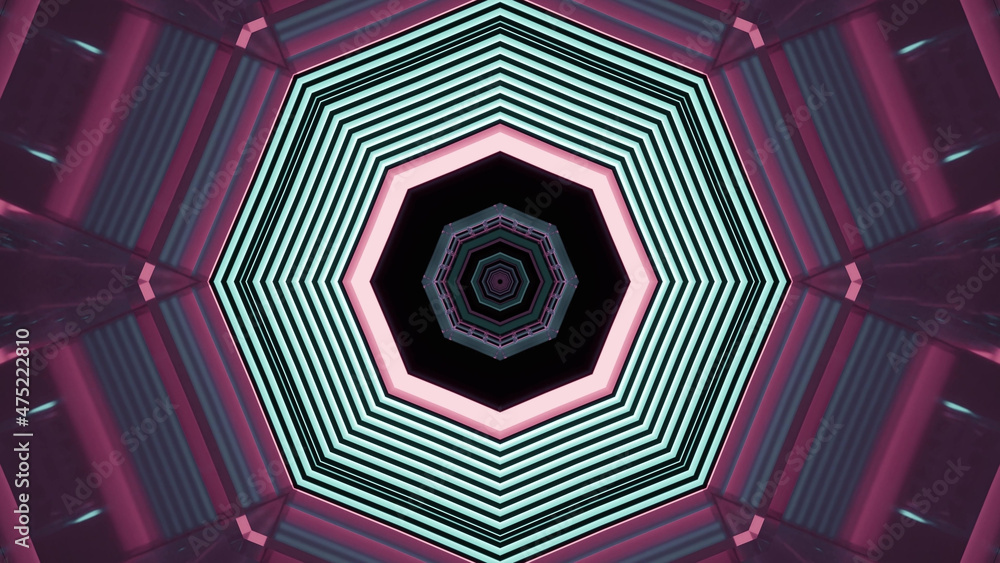 Poster 3d rendering of futuristic kaleidoscopic patterns background in pink and turquoise colors