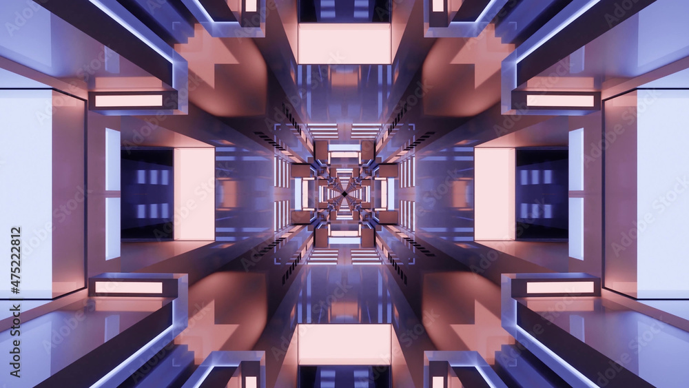 Poster 3d rendering of futuristic kaleidoscopic patterns background in pink and turquoise colors