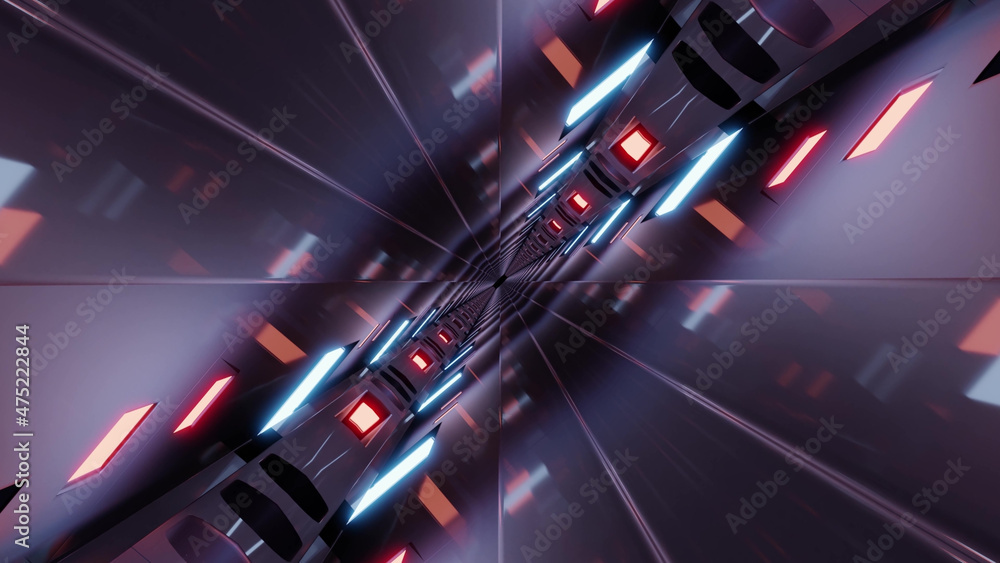 Poster 3d rendering of futuristic kaleidoscopic patterns background in neon blue and red colors