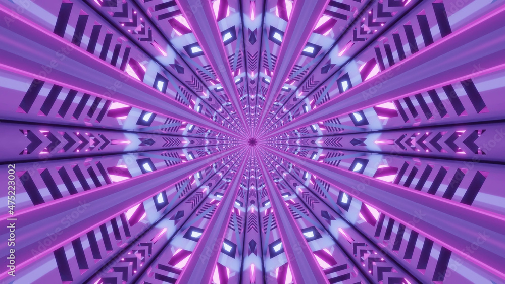 Poster 3d rendering of futuristic kaleidoscopic patterns background in vibrant blue and purple colors
