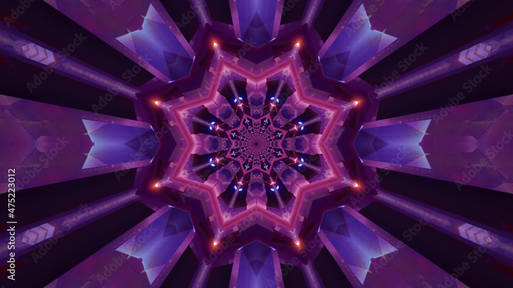 Poster 3d rendering of futuristic kaleidoscopic patterns background in vibrant black and purple colors