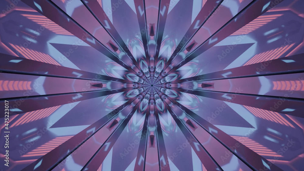 Poster 3d rendering of futuristic kaleidoscopic patterns background in vibrant blue and pink colors