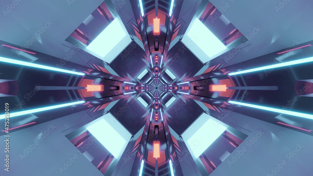 Poster 3d rendering of futuristic kaleidoscopic patterns background in vibrant blue and white colors
