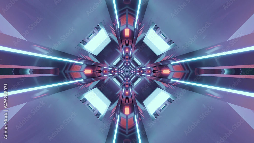 Poster 3d rendering of futuristic kaleidoscopic patterns background in vibrant blue and white colors