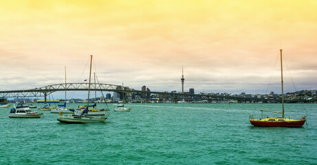 Morning Scenery at Birkenhead Beach Auckland New Zealand; View to Harbour Bridge and Auckland City