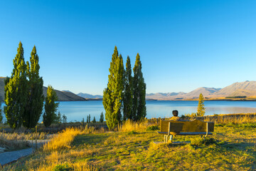 Panoramic View Lake Tekapo South Island, New Zealand in Sunny Day