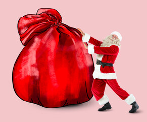 Santa Claus near drawn big bag full on gifts on pink background