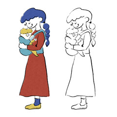 赤ちゃんを抱っこ紐で抱っこする母親全身手描きイラスト