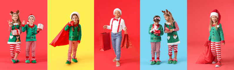 Group of cute children celebrating Christmas on color background