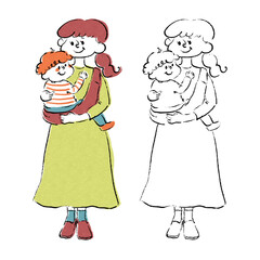 子供を抱っこ紐で抱っこする母親全身手描きイラスト