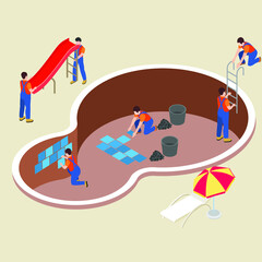 Construction workers working on a swimming pool isometric 3d vector concept for banner, website, illustration, landing page, flyer, etc.
