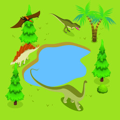 Dinosaurs around a lake isometric 3d vector concept for banner, website, illustration, landing page, flyer, etc.