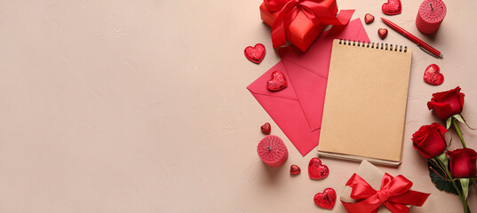 Romantic composition with empty notebook, gifts and envelopes on color background with space for...