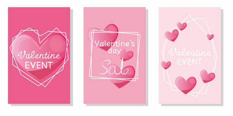 Set of Valentine's day event, sale frames. Valentine promotion, banner, event vector template collection. Vector illustration.