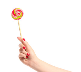Woman holding sweet lollipop on white background