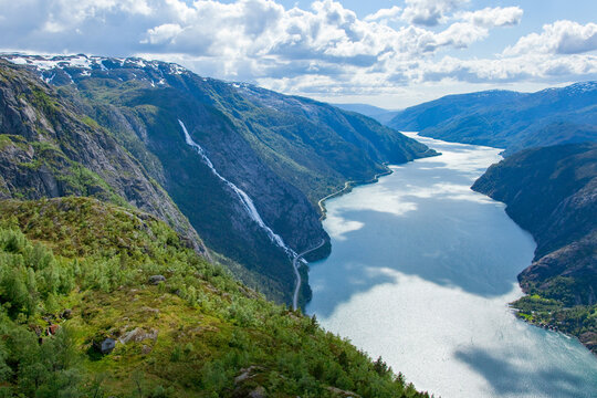 Landscape of the Langfoss waterfall and mountains in Akrafjorden, Norway