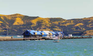 Panoramic View of Akaroa Beach on the Banks Peninsula, southeast of Christchurch, South Island, New...