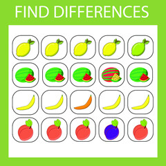 Developing activity for children - find the difference. Logic game for children. Find an extra watermeloms, lemons, bananas,  peaches
