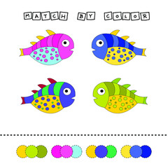Developing activity for children -  match the  fishes by  color. Logic game for children.
