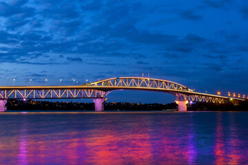 Night View to the Iconic Harbour Bridge Auckland New Zeland; Light Performance During Auckland Anniversary