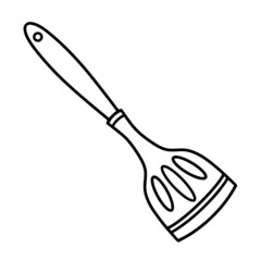 Kitchen spatula vector icon. Hand-drawn illustration isolated on white background. A sketch of a cutlery for cooking. Simple monochrome doodle silicone spatula with holes. Culinary clipart