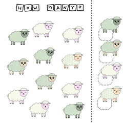 How many counting game with funny animals sheeps. Preschool worksheet, kids activity sheet, printable worksheet