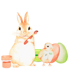 Rabbit paints eggs. Watercolor illustration. Isolated on a white background. For design