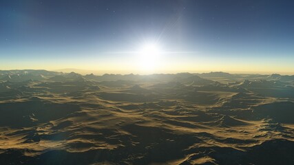 realistic surface of an alien planet, view from the surface of an exo-planet, canyons on an alien planet, stone planet, desert planet 3d render