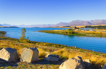 Panoramic View Lake Tekapo South Island, New Zealand in Sunny Day