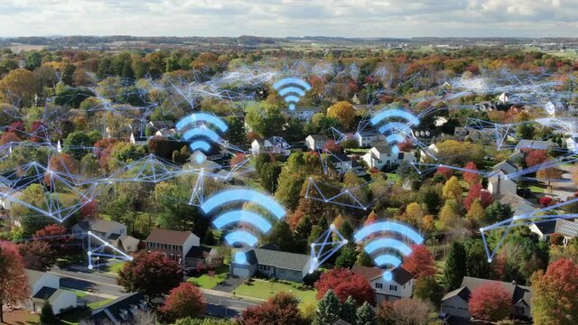 Connected web of wireless devices. 5G data overlay in residential neighborhood. Data speed and work from home theme.