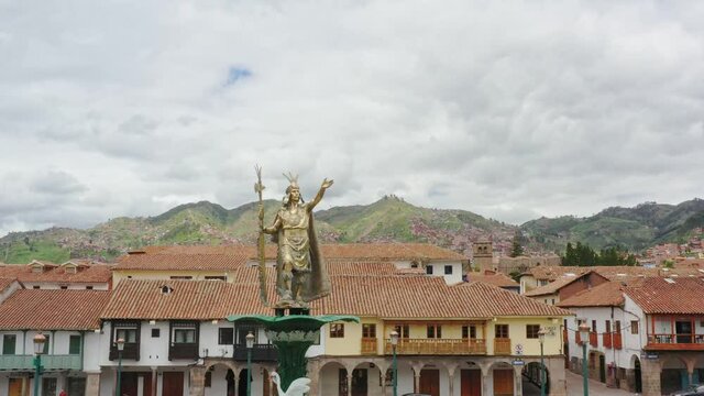 Cusco, Peru Pachacutec statue in Main square plaza and cathedral Drone UHD