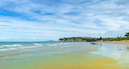 Panoramic Scenery at Long Bay Beach Auckland, New Zealand; Regional Park; During Low Tide