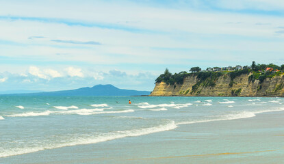 Panoramic Scenery at Long Bay Beach Auckland, New Zealand; Regional Park; During Low Tide