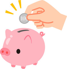 ブタの貯金箱と百円硬貨を持つ手