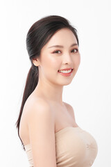 Beautiful young asian woman with clean fresh skin on white background, Face care, Facial treatment, Cosmetology, beauty and spa, Asian women portrait.