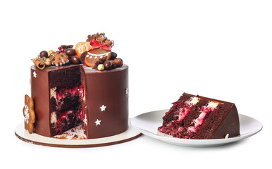 Plate with piece of tasty Christmas chocolate cake on white background
