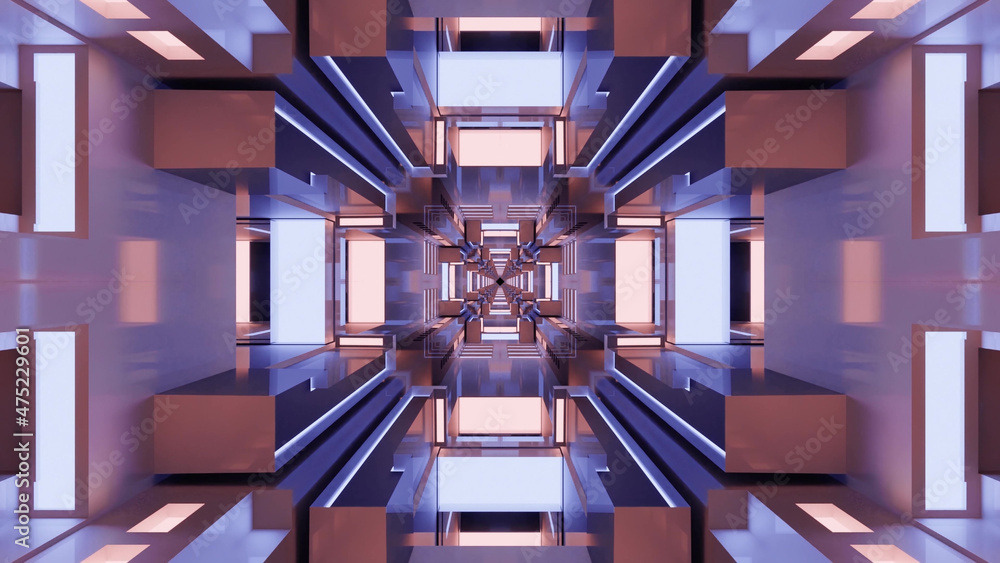 Poster 3d rendering of futuristic kaleidoscopic patterns background in vibrant blue and white colors