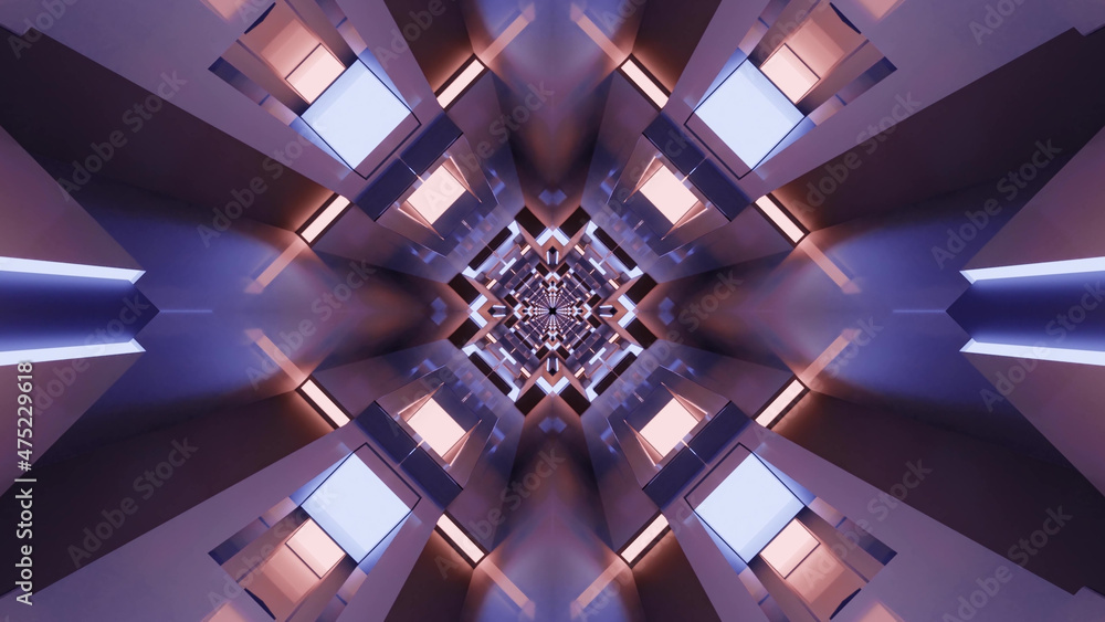 Poster 3d rendering of futuristic kaleidoscopic patterns background in vibrant blue and white colors