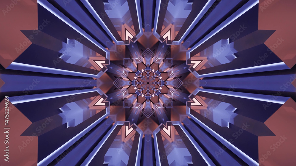 Poster 3d rendering of futuristic kaleidoscopic patterns background in vibrant blue and brown colors