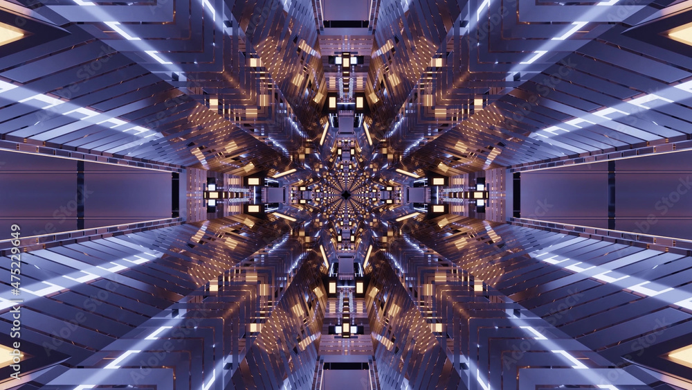 Poster 3d rendering of futuristic kaleidoscopic patterns background in vibrant blue and brown colors