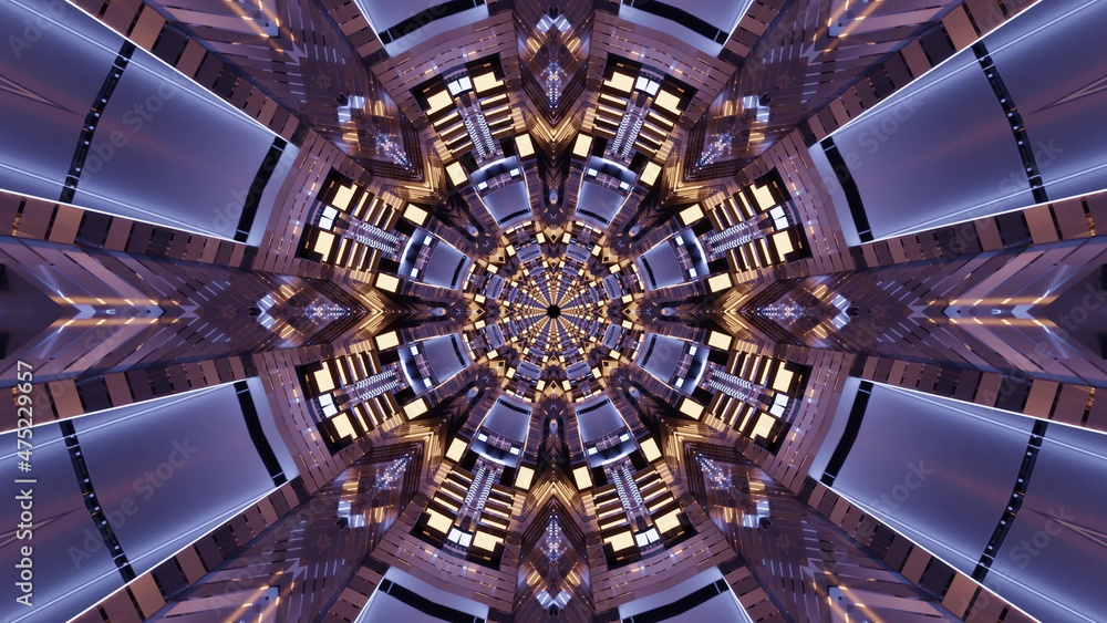 Poster 3d rendering of futuristic kaleidoscopic patterns background in vibrant blue and brown colors