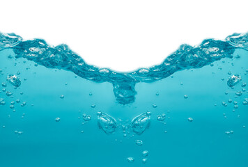 Water waves splash with air bubbles, isolated on the white background. abstract blue water waves on a white background. for a product, advertising,text space