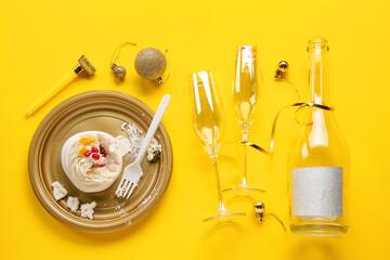 Composition of after party mess on color background. Christmas celebration