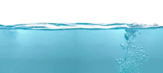 Water waves splash with air bubbles, isolated on the white background. abstract blue water waves on a white background. for a product, advertising,text space