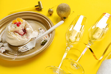 Composition of after party mess on color background. Christmas celebration