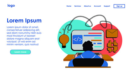 Landing page Working at home vector flat style illustration. Online career. Coworking space illustration. Young man freelancers working on laptop or computer at home. Study at home in quarantine