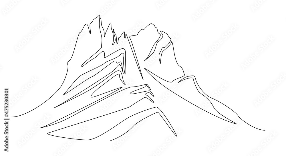 Aufkleber one continuous line drawing of mountain range landscape silhouette. web banner with mounts ridge in 