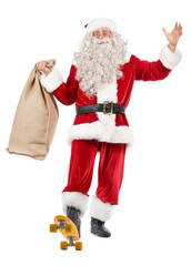 Santa Claus with sack bag and skateboard on white background
