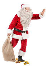 Santa Claus with sack bag and skateboard on white background